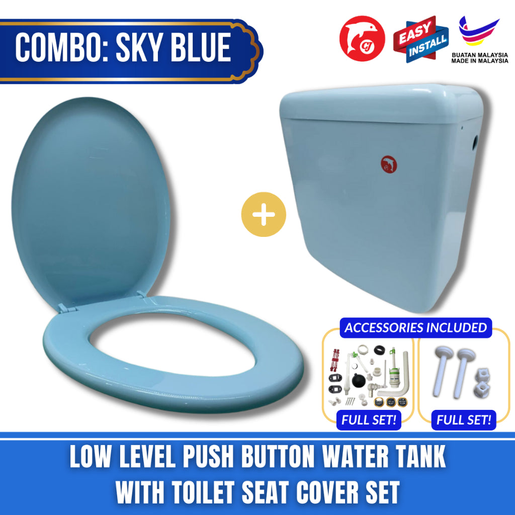 C&C Full Set Toilet Water Tank Plastic Toilet Cistern + Toilet Seat Cover Combo With Free Accessories Screw Hinge Combo