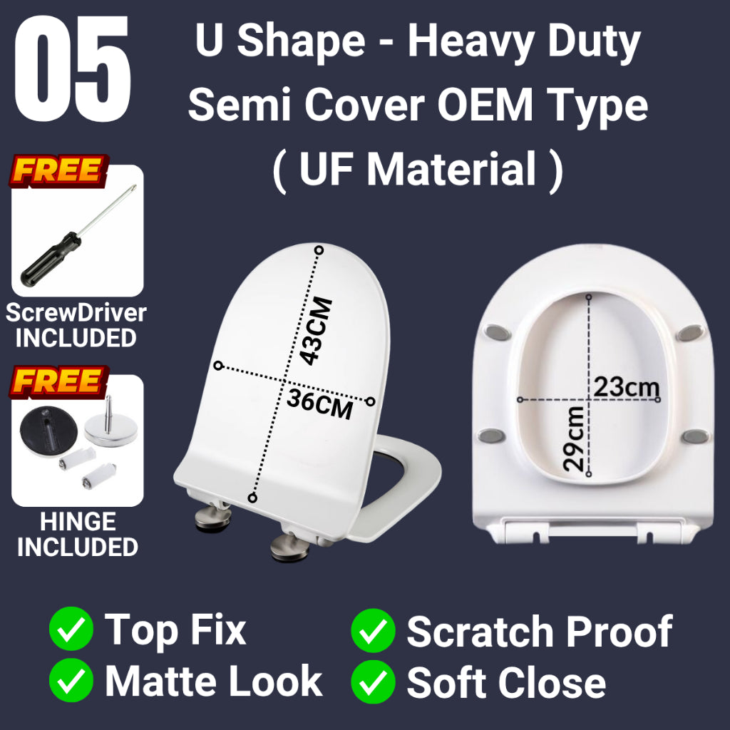 C&C Black U Shape Toilet Seat Cover With Soft Close Adjustable Hinge Penutup Mangkuk Duduk Tandas