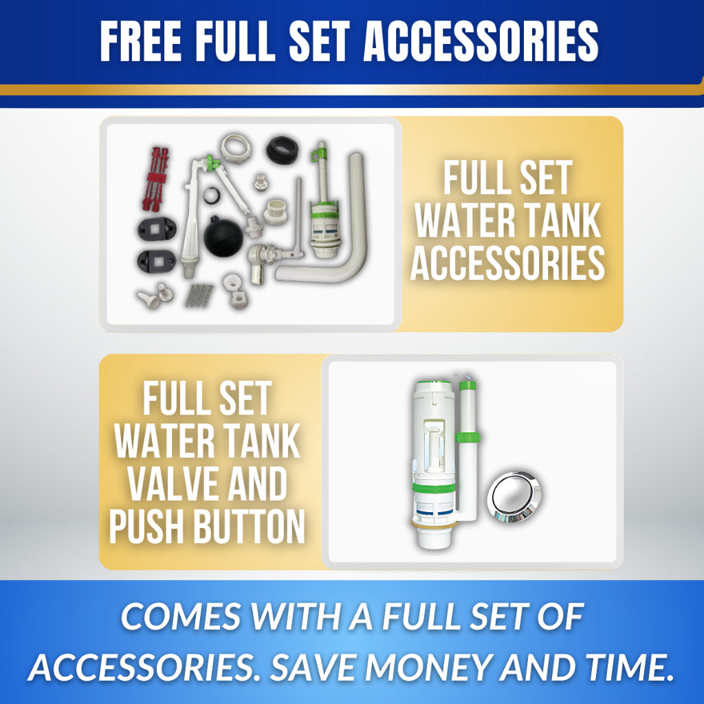 C&C Full Set White Toilet Water Tank Plastic Toilet Cistern + Toilet Seat Cover Combo With Free Accessories Screw Combo
