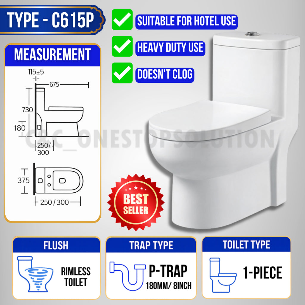 C&C Full Set P-Trap Toilet Bowl and Seat Cover Set lengkap Jamban Tandas Tandas 1Piece 2Piece Washdown Cyclone
