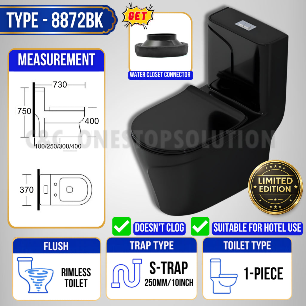 C&C Full Set S-Trap Toilet Bowl Black and Seat Cover Set lengkap Jamban Hitam Tandas 1Piece 2Piece Washdown Cyclone