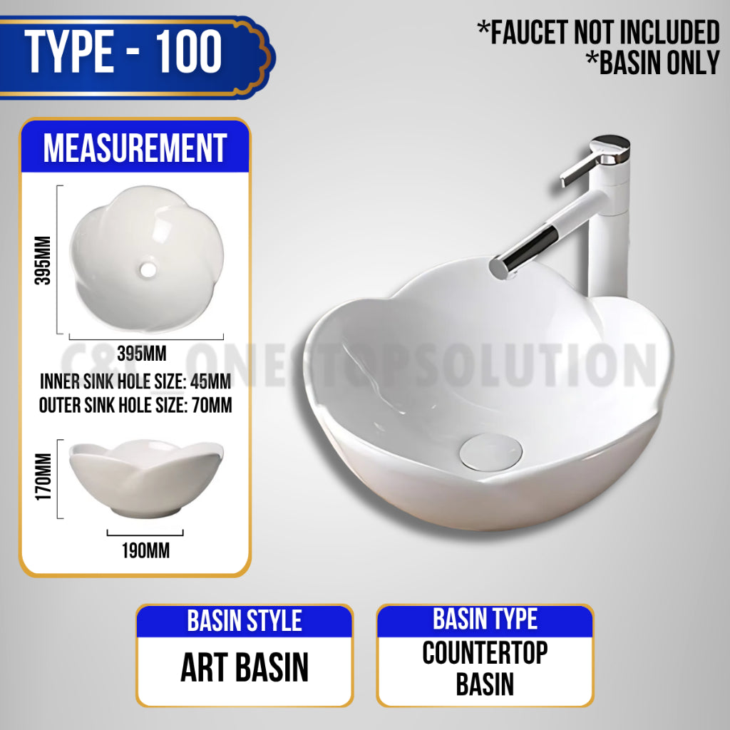 C&C Bathroom Ceramic Basin Countertop and Wall-Hung Basin Premium Polished Art Style Ceramic Basin Toilet Sink Basin