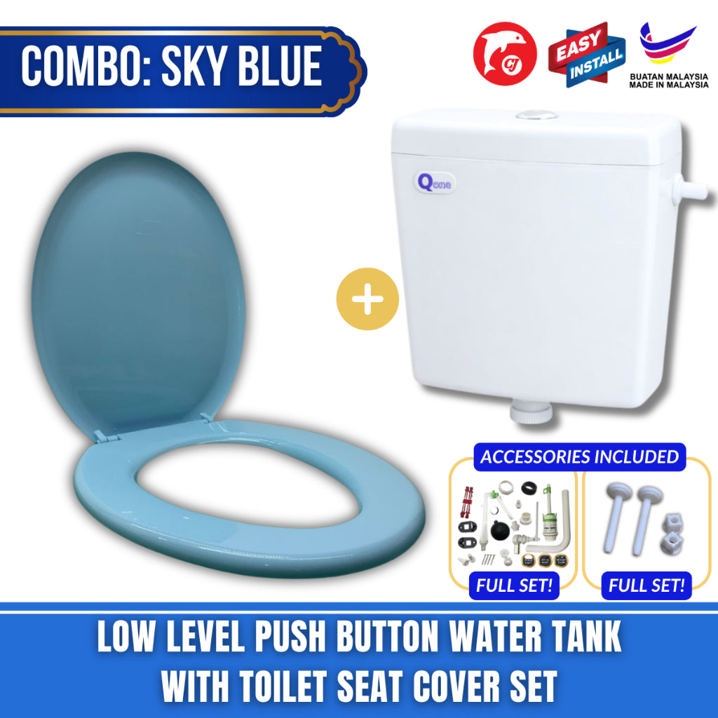 C&C Full Set White Toilet Water Tank Plastic Toilet Cistern + Toilet Seat Cover Combo With Free Accessories Screw Combo