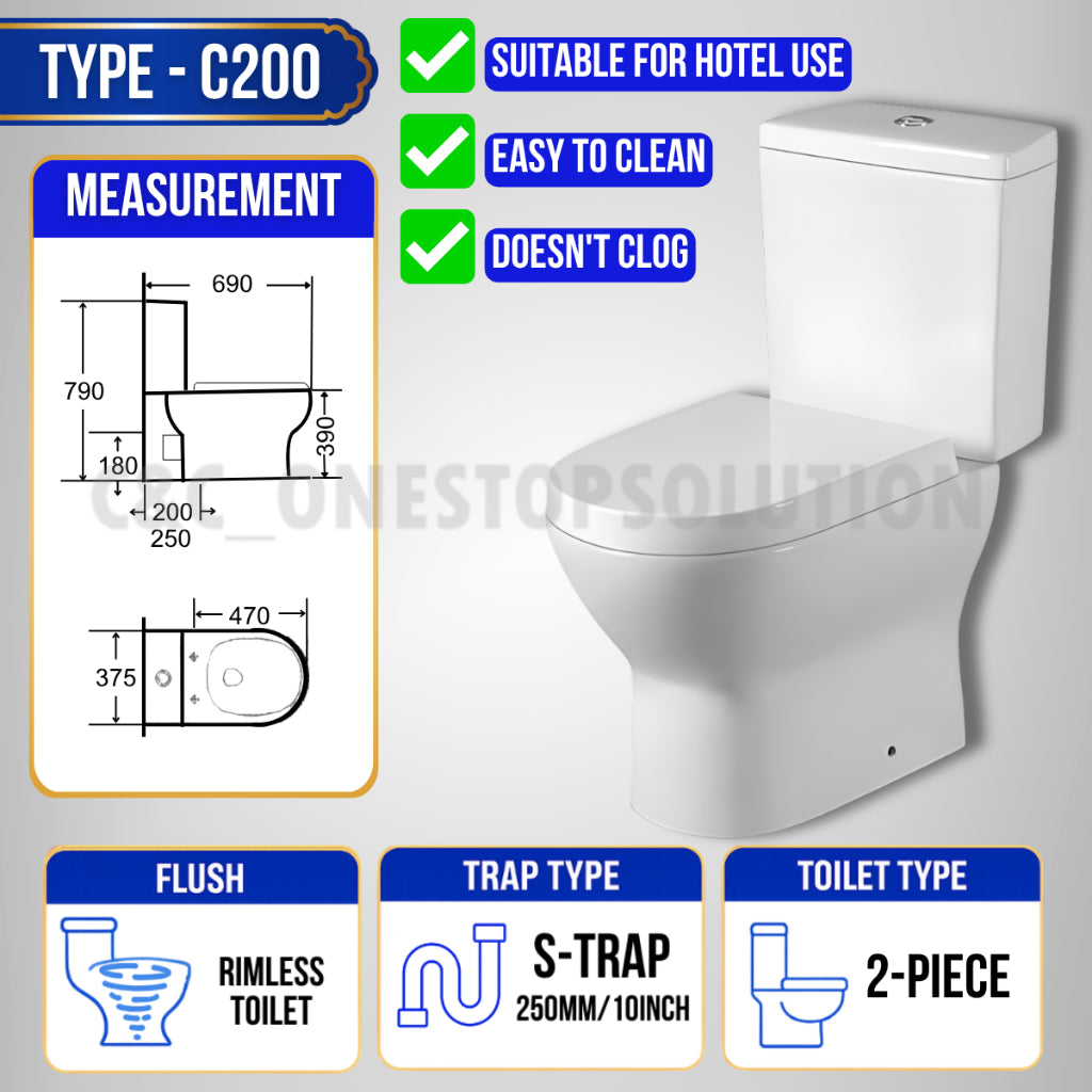 C&C Full Set S-Trap Toilet Bowl Black and Seat Cover Set lengkap Jamban Hitam Tandas 1Piece 2Piece Washdown Cyclone