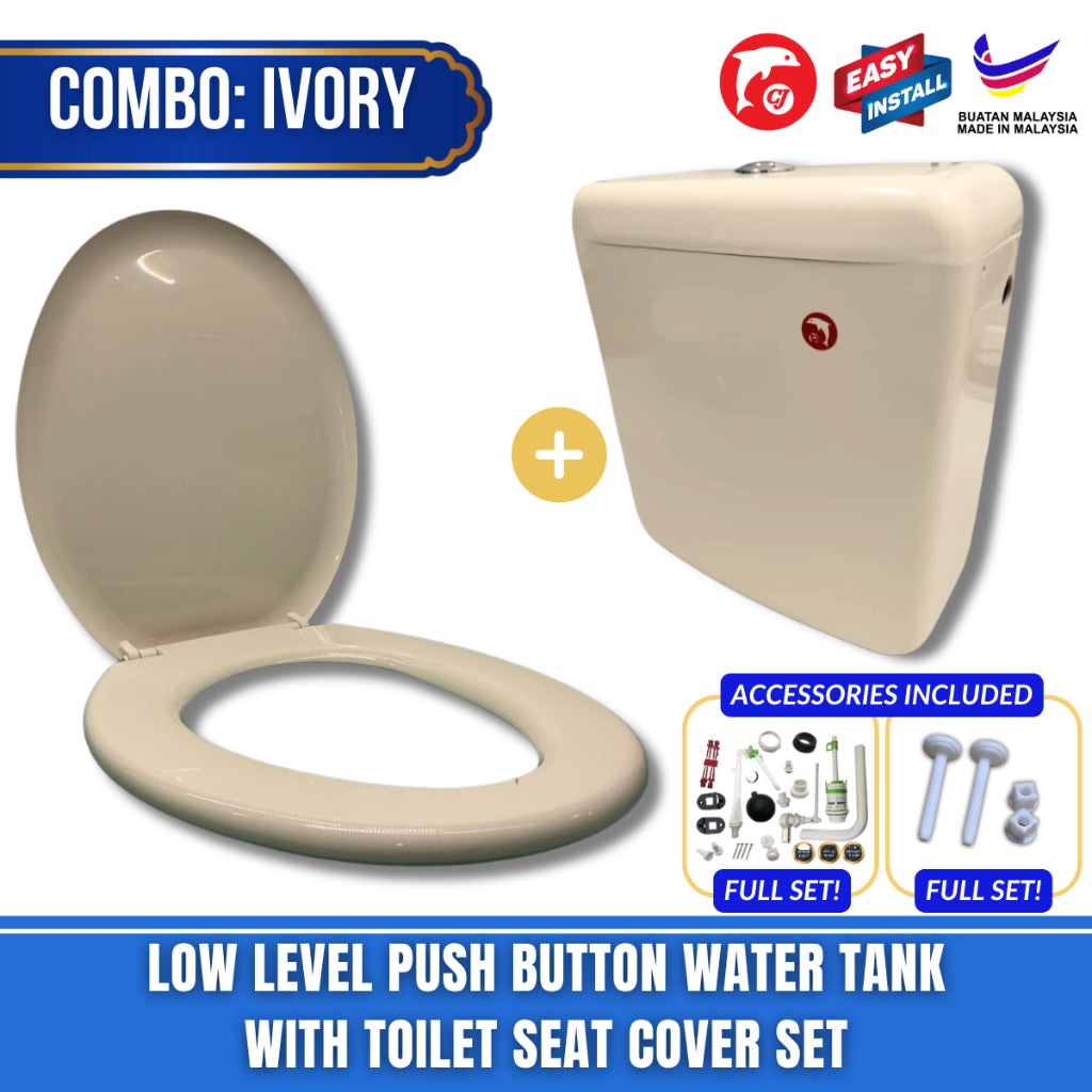 C&C Full Set Toilet Water Tank Plastic Toilet Cistern + Toilet Seat Cover Combo With Free Accessories Screw Hinge Combo