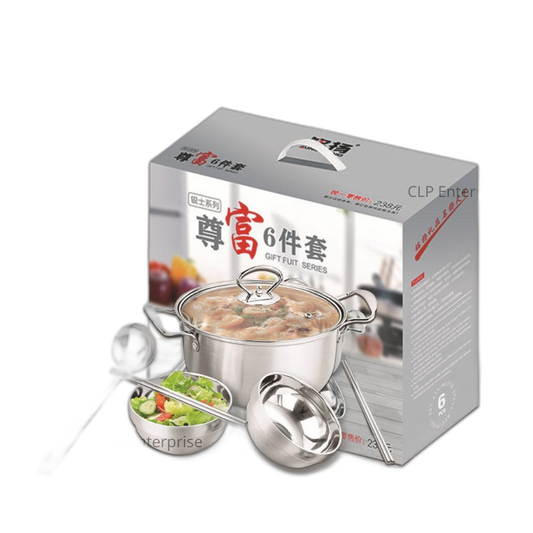 Premium 304 Stainless Steel 22cm Hotpot With Glass Lid/ Rice Bowl/ Ladle/ Chopsticks Complete Gift Set