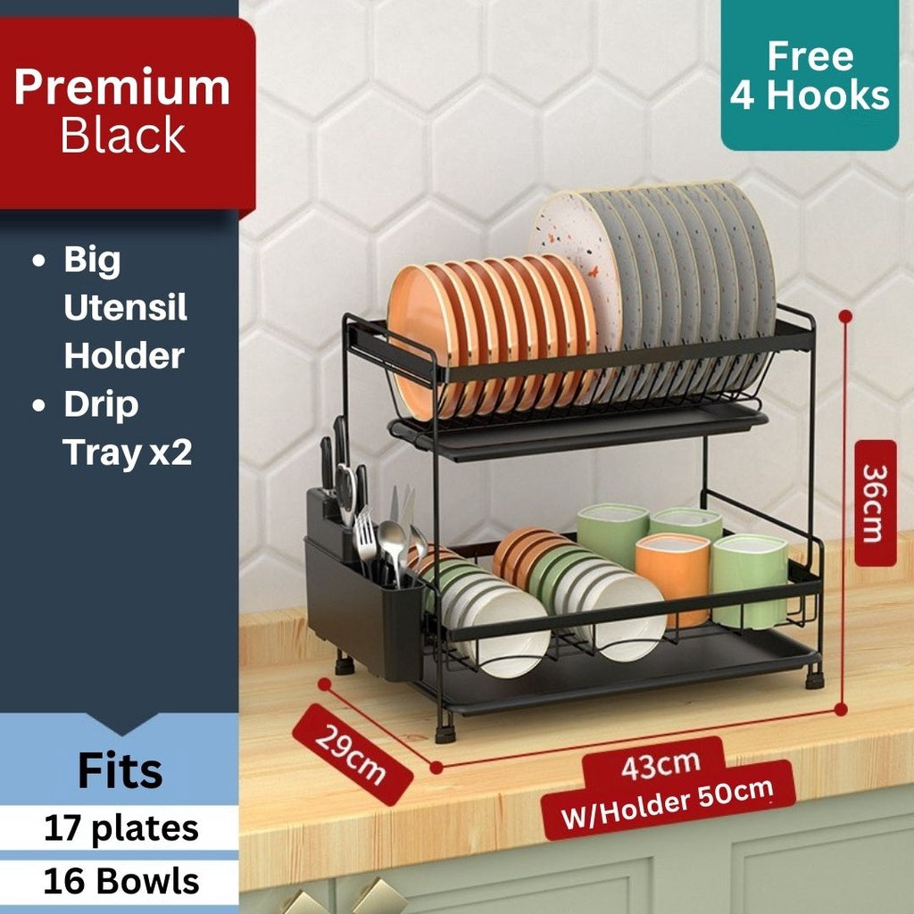 Stainless Steel Dish Rack Rak Pinggan Double Layer Kitchen Rak Mangkuk Multipurpose Dish Rack with Knife Holder