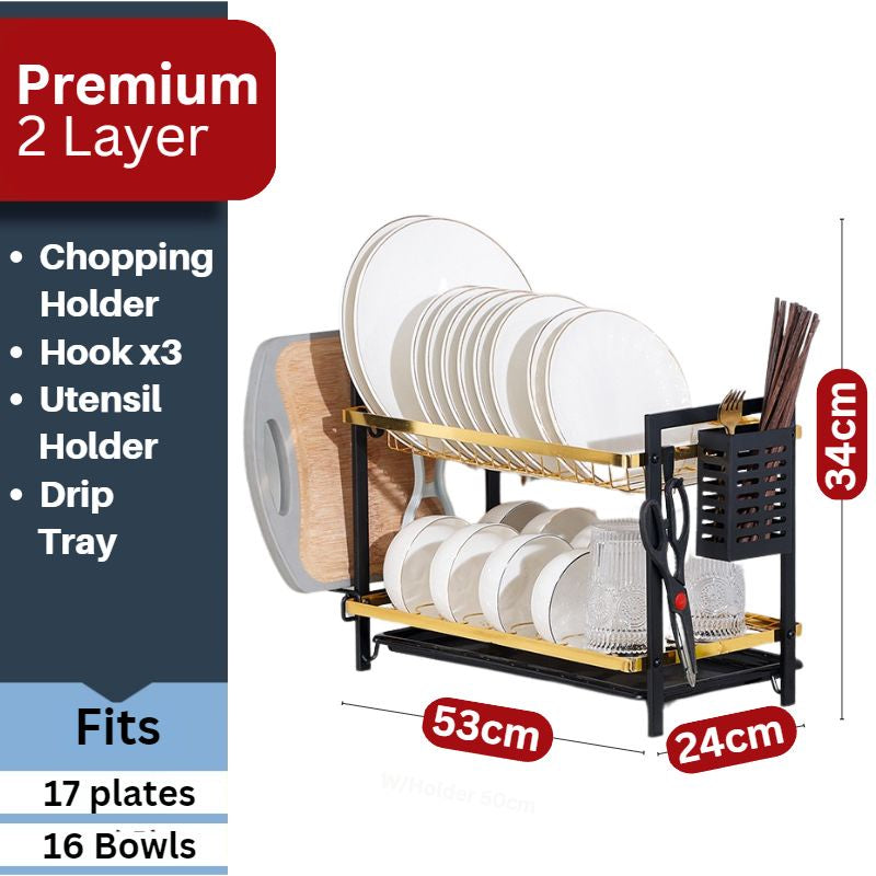 C&C Black Gold 2 Tier Dish Rack Rak Pinggan Stainless Steel Kitchen Dish Drainer Nordic Style Rak Pengering Pinggan