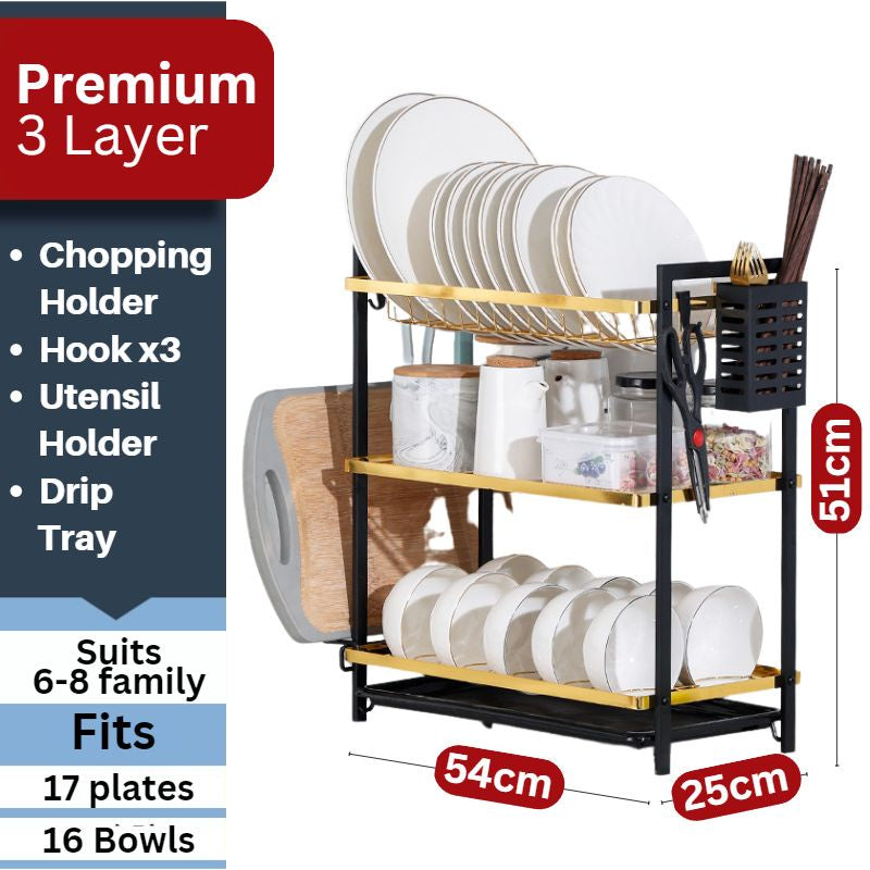 C&C Black Gold 2 Tier Dish Rack Rak Pinggan Stainless Steel Kitchen Dish Drainer Nordic Style Rak Pengering Pinggan