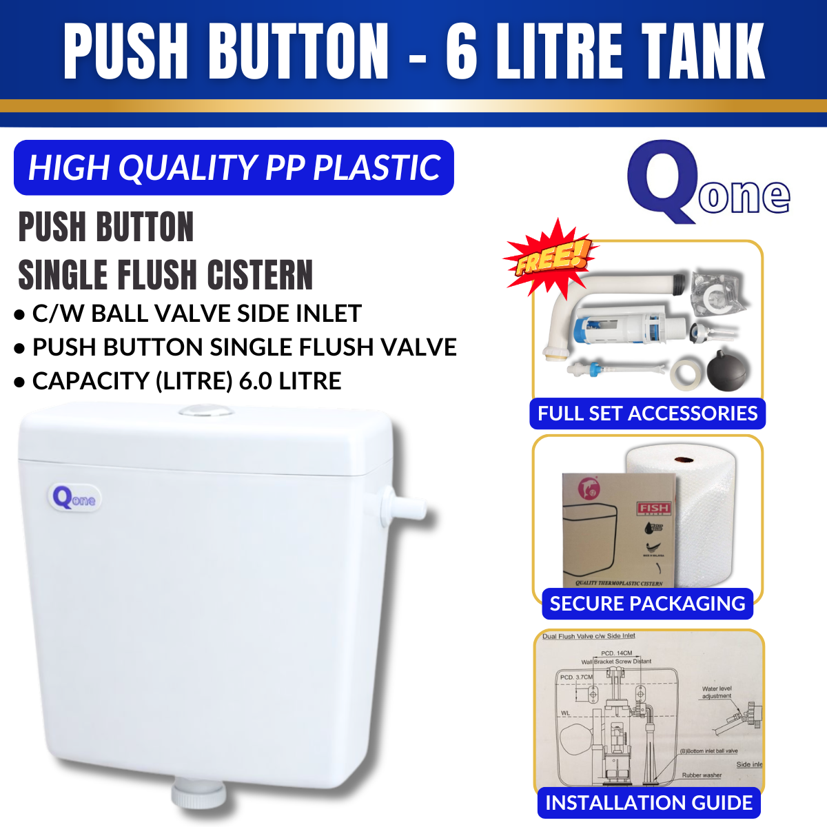 Toilet Water Tank Single Push Button - Q1 Brand - White