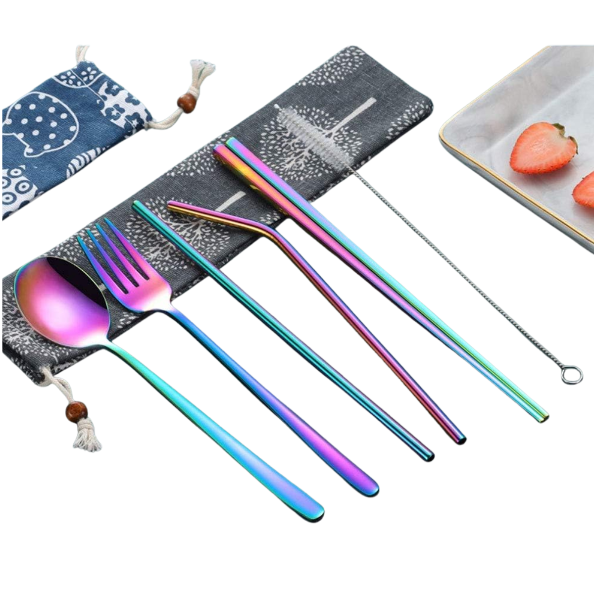 Stainless Steel Cutlery Set with Reusable Straw Set 7 In 1 Utensil Spoon Fork Chopstick Set Reusable Metal Cutlery Set (