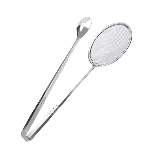 Stainless Steel Frying Tools Convenient Filter Spoon with Clip Food Kitchen Oil-Frying BBQ Filter Clamp Colander Tongs