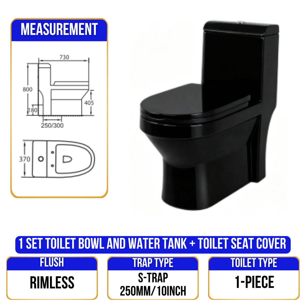 Toilet Bowl A890 Black - S Trap - 1 Piece