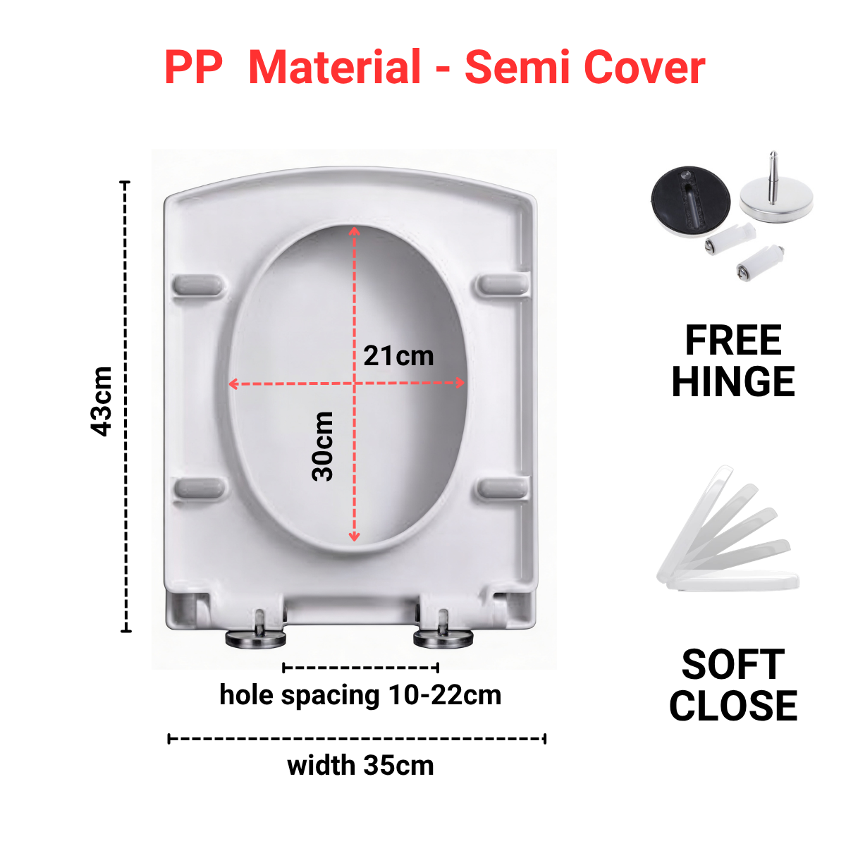 Toilet Seat Cover With Soft Close - D Shape - PP material - Semi Cover
