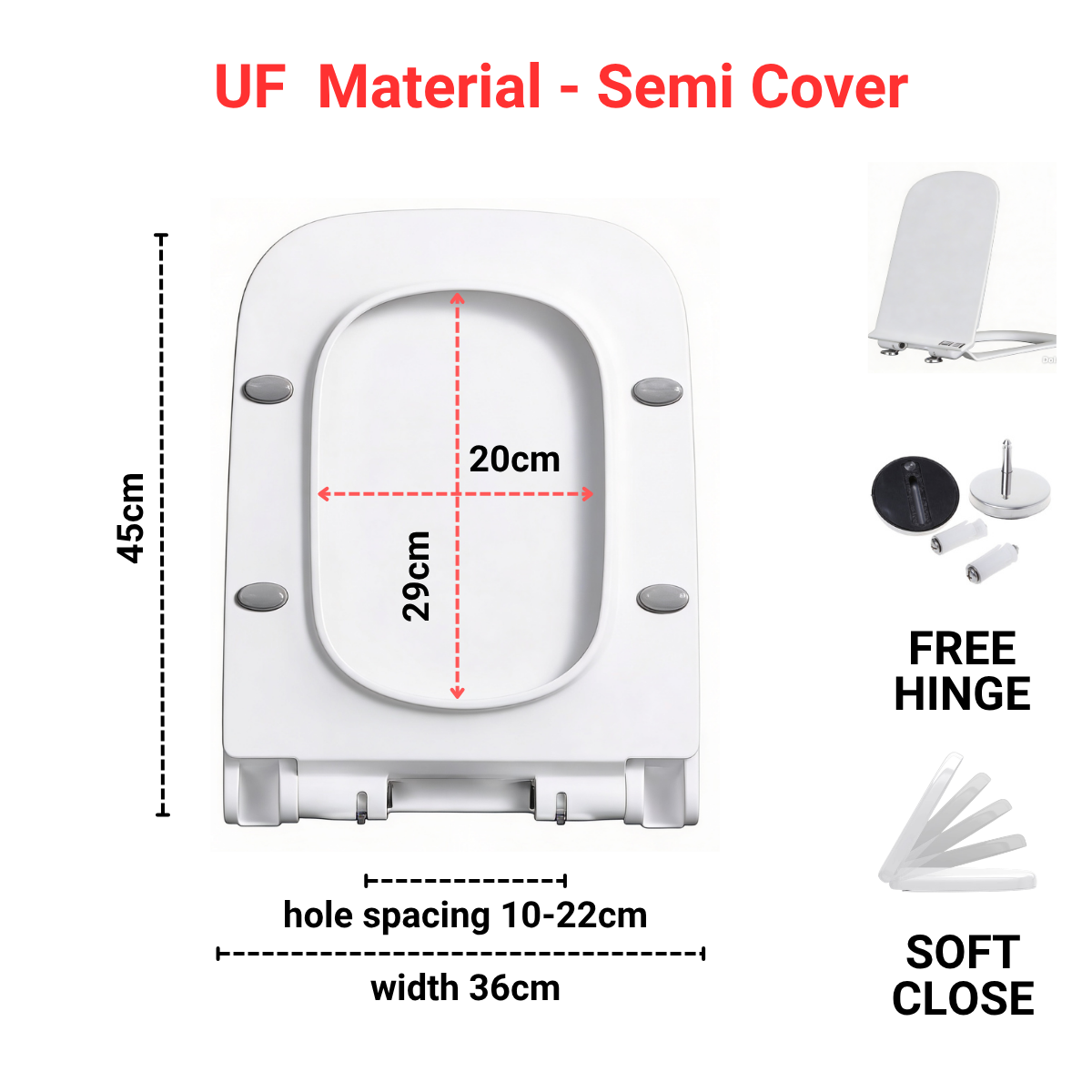 Toilet Seat Cover With Soft Close - D Shape - UF material - Semi Cover