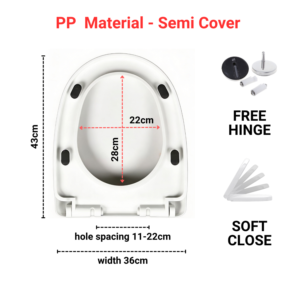 Toilet Seat Cover With Soft Close - U Shape - PP material - Semi Cover