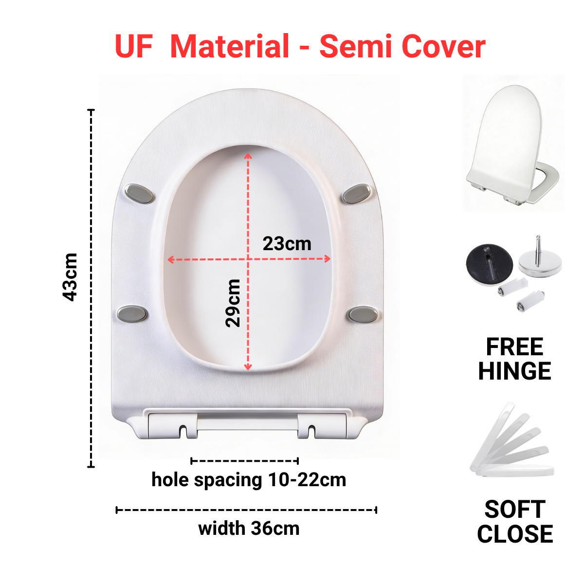 Toilet Seat Cover With Soft Close - U Shape - UF material - Semi Cover
