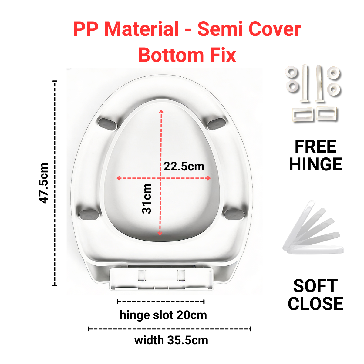Toilet Seat Cover With Soft Close - V Shape - PP material - Semi Cover - Bottom Fix