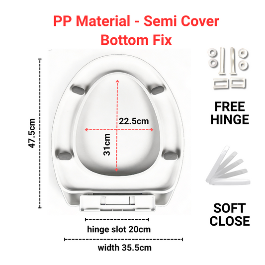 Toilet Seat Cover With Soft Close - V Shape - PP material - Semi Cover - Bottom Fix