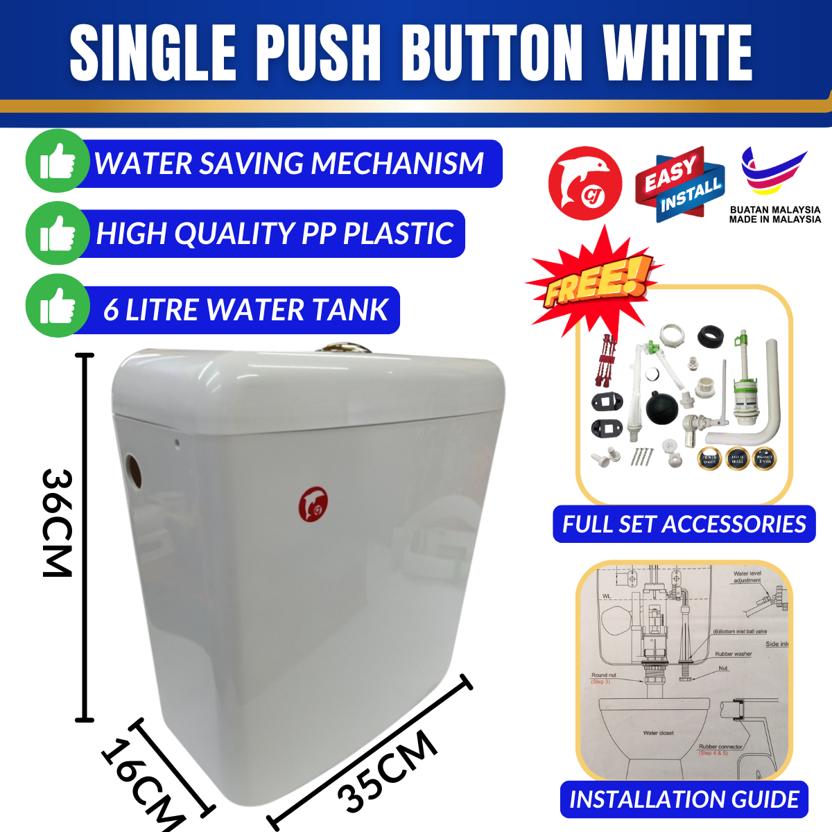 Toilet Water Tank Single Push Button - White